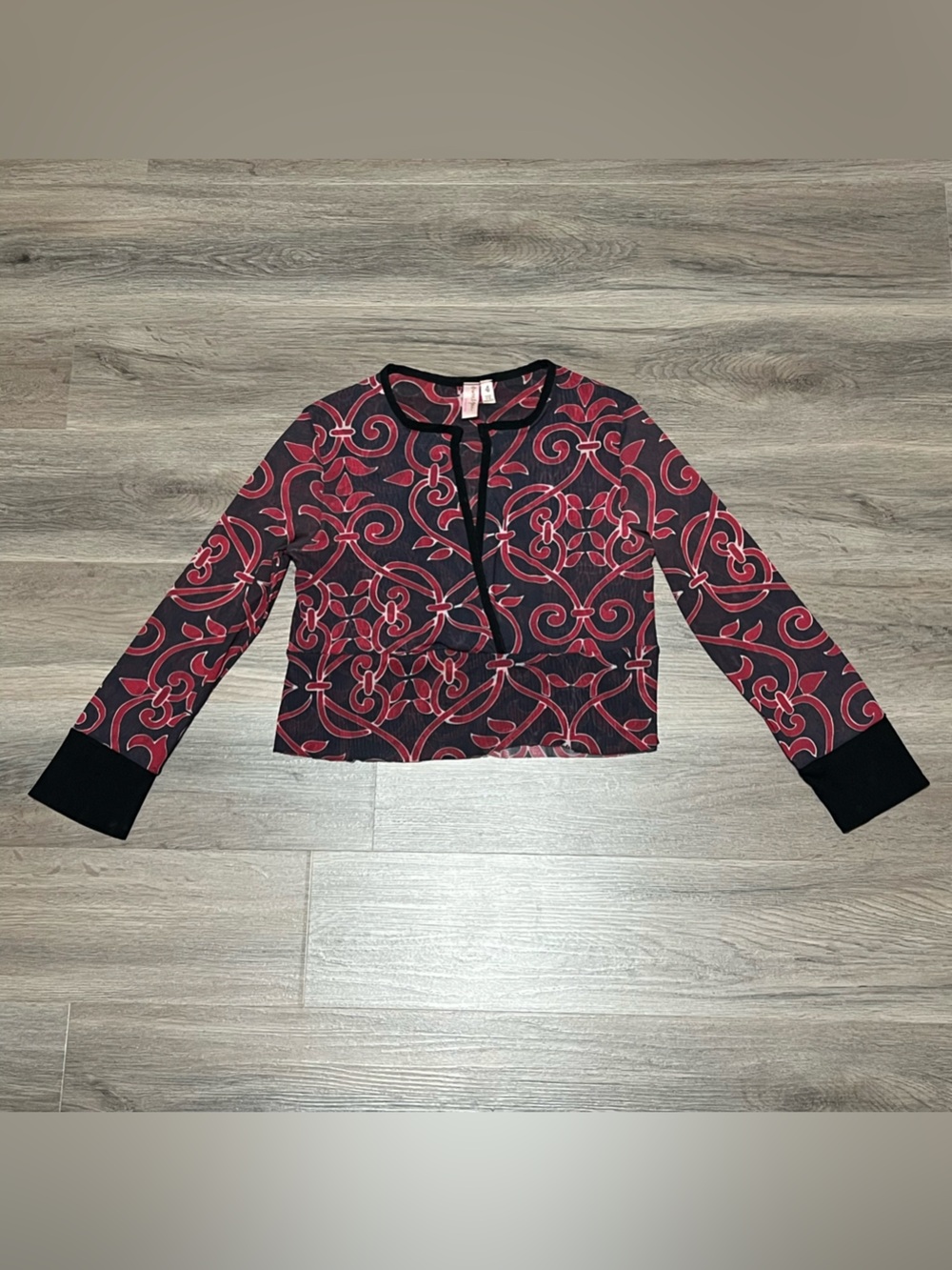 Sweet Pea *M/L Mesh Top Cropped Black Red V Neck Long Sleeve Y2K Grunge Festival